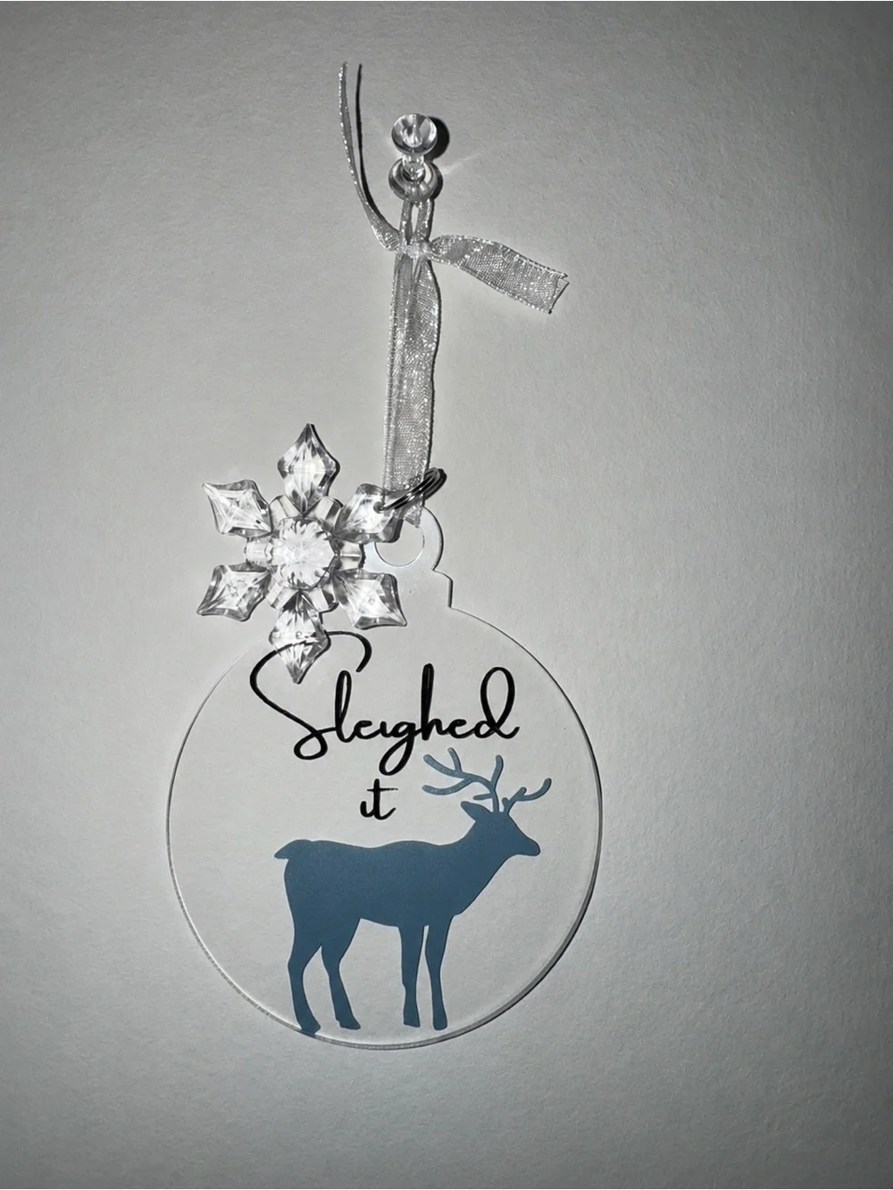 Holiday Reindeer Acrylic Ornament - Silver Ribbon (No Brand)